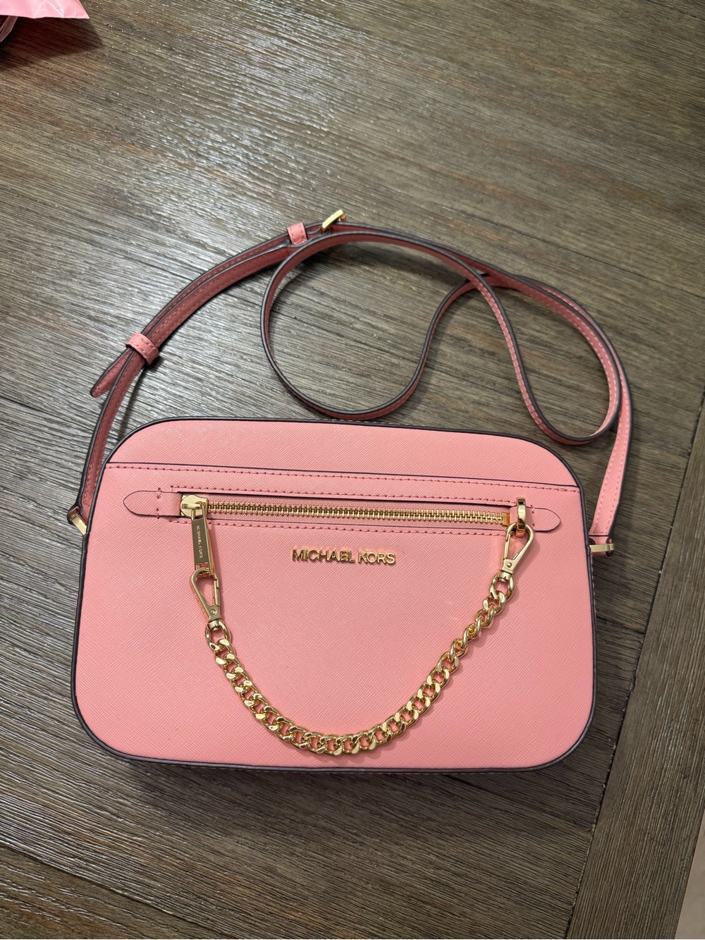 Michael Kors Pink Saffiano Crossbody with Gold Chain Detail
